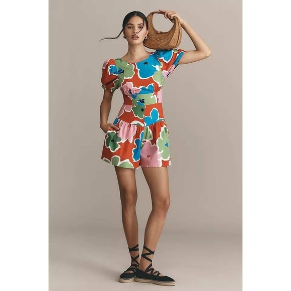 Plenty by Tracy Reese Pants - Anthropologie Plenty by Tracy Reese Floral Puff Sleeve Tie Back Romper Red NWT
